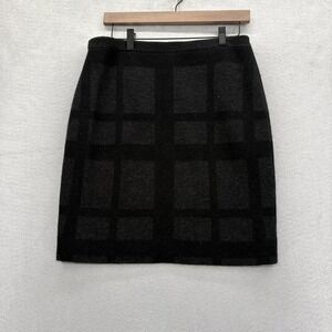 Eileen Fisher Skirt Womens Medium Gray Plaid Knit Wool Pencil Stretch Career